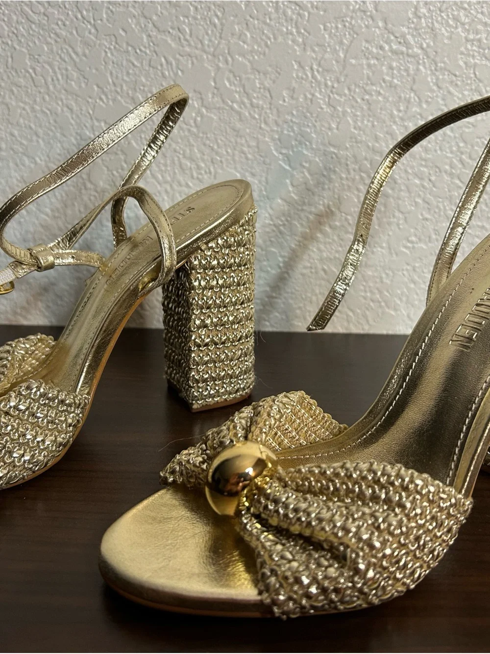 Steve Madden Gold Metallic Bow Block Heel Sandals